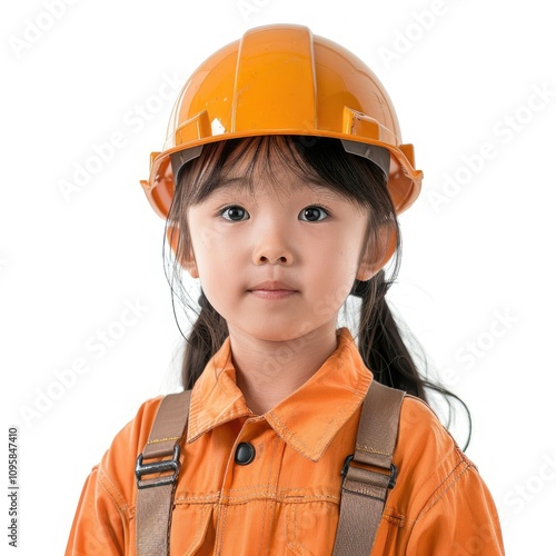 Asian girl construction worker isolated on white background.