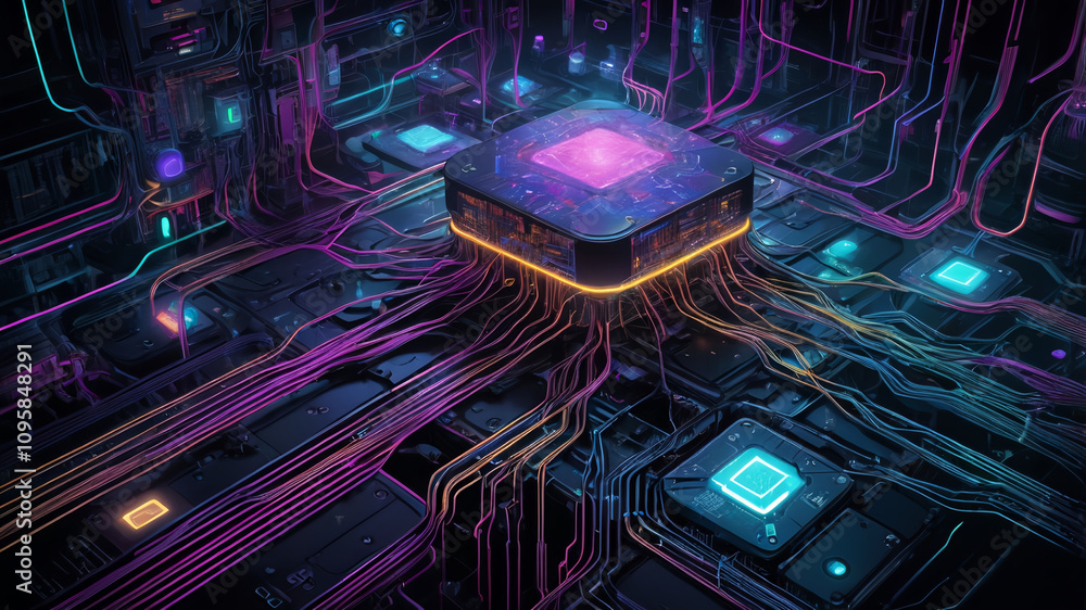 Fototapeta premium Futuristic neural network design, glowing circuits, cyberpunk color palette
