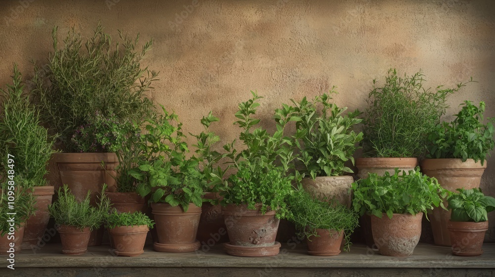 Lush Botanical Still Life with Herbs in Rustic Terracotta Pots - Vibrant Greenery Composition in Natural Setting for Botanical Wonders Concept Lush Botanical Still Life with Herbs in Rustic Terracotta Pots - Vibrant Greenery Composition in Natural Setting for Botanical Wonders Concept