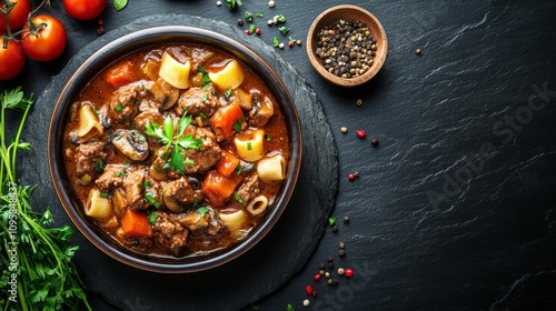 Hearty beef stew with pasta, mushrooms, and carrots in a rustic bowl, garnished with parsley.