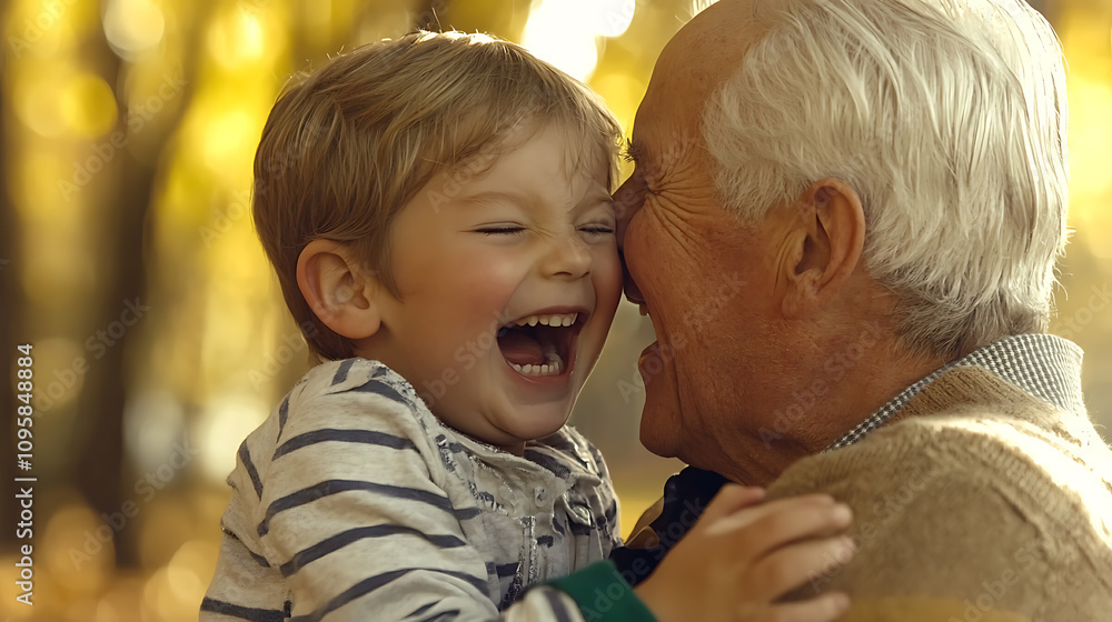 Fototapeta premium Joyful Portrait of Grandpa and Grandson in Nature Autumn Park Emotional Connection and Bonding Moment