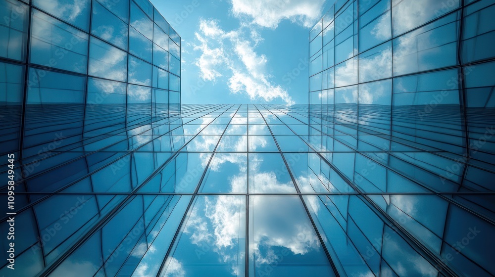 A view of skyscrapers reflecting clouds and blue sky, showcasing modern architecture. A view of skyscrapers reflecting clouds and blue sky, showcasing modern architecture.