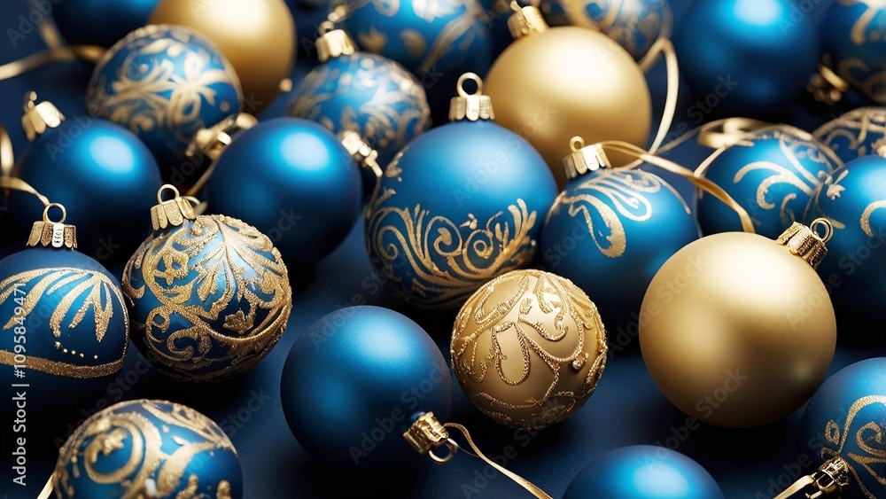 Matte Christmas background with blue and gold ornaments and festive decor Matte Christmas background with blue and gold ornaments and festive decor