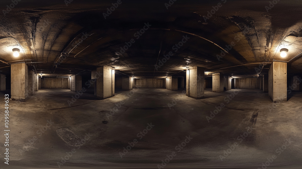 360 degree panorama view.A 3D image shows a dark, concrete basement. Spotlights illuminate the entire space. It's high-resolution and suitable for virtual reality. 360 degree panorama view.A 3D image shows a dark, concrete basement. Spotlights illuminate the entire space. It's high-resolution and suitable for virtual reality.