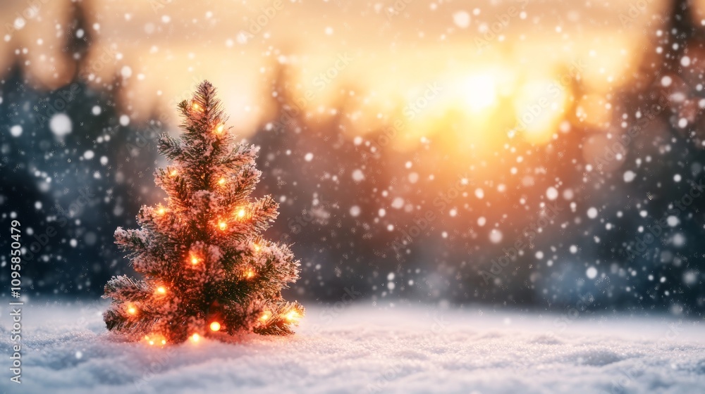 Illuminated Christmas tree in snowy winter landscape at sunset. Illuminated Christmas tree in snowy winter landscape at sunset.