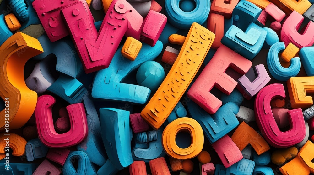 Naklejka premium A vibrant assortment of colorful, three-dimensional letters scattered playfully.