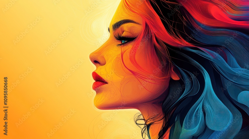 A vibrant portrait of a woman with flowing hair against a warm gradient background. A vibrant portrait of a woman with flowing hair against a warm gradient background.