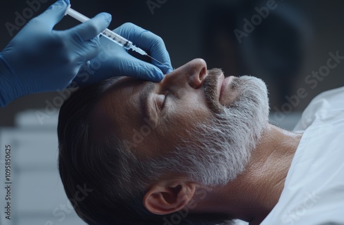 Side view of middle-aged man getting beauty injection in nose at aesthetic clinic. Plastic surgeon injecting anti-aging filler in handsome bearded man nose, having plastic correction, closeup