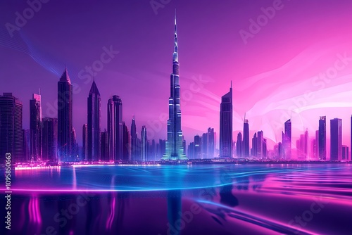 Dubai Skyline at Night Neon Glow Cityscape