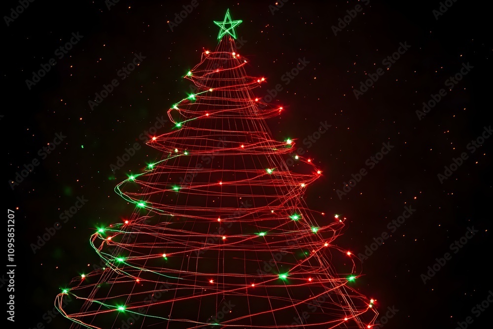 Neon wireframe Christmas tree isolated on black background. Neon wireframe Christmas tree isolated on black background.
