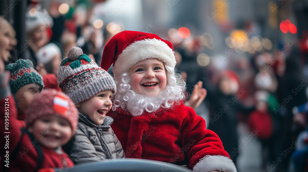 Santa Claus Parade in Toronto, Santa's sleigh passes by a crowd of waving and laughing children, Christmas decorations adorn the sidewalks, Ai generated images Santa Claus Parade in Toronto, Santa's sleigh passes by a crowd of waving and laughing children, Christmas decorations adorn the sidewalks, Ai generated images