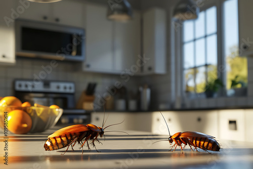 Two roaches sightseeing a spotless kitchen counter in a modern household, symbolizing an issue with pests photo