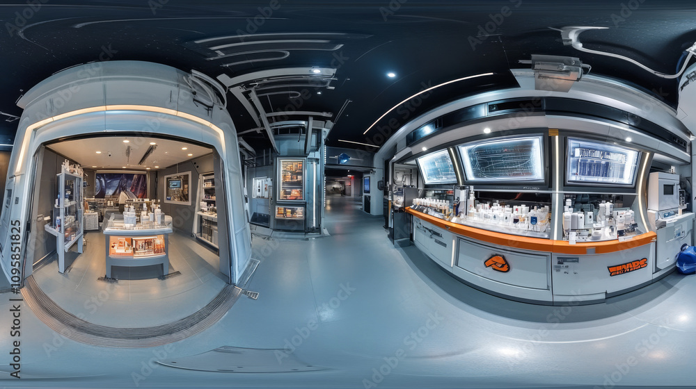 360 degree panorama view.A futuristic lab on a space station. A 3D image shows a panoramic view of the floor, including a display stand for products. 360 degree panorama view.A futuristic lab on a space station. A 3D image shows a panoramic view of the floor, including a display stand for products.