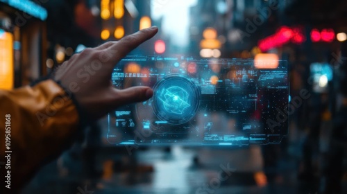 A futuristic hand holding a holographic display in a vibrant urban setting.