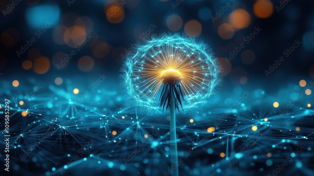 Fototapeta premium A glowing dandelion with a digital network backdrop, symbolizing connection and innovation.