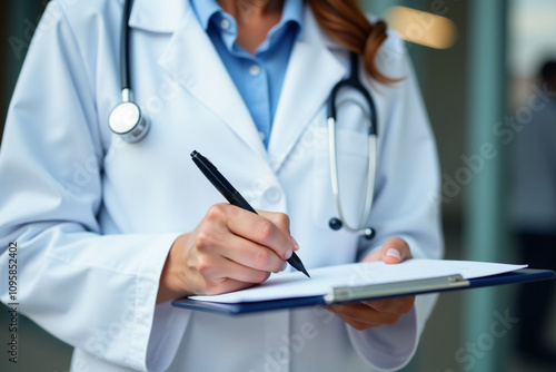 Doctor intently scribbling prescription, clipboard in hand.
