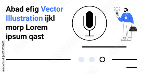 Businessman holding light bulb, microphone symbol in circle, textual content. Ideal for innovation, business ideas, communication, podcasts, creativity, startup concepts, presentations. Landing page