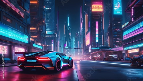 Futuristic cityscape at night, neon lights, cyberpunk vibe, flying cars, high-tech architecture