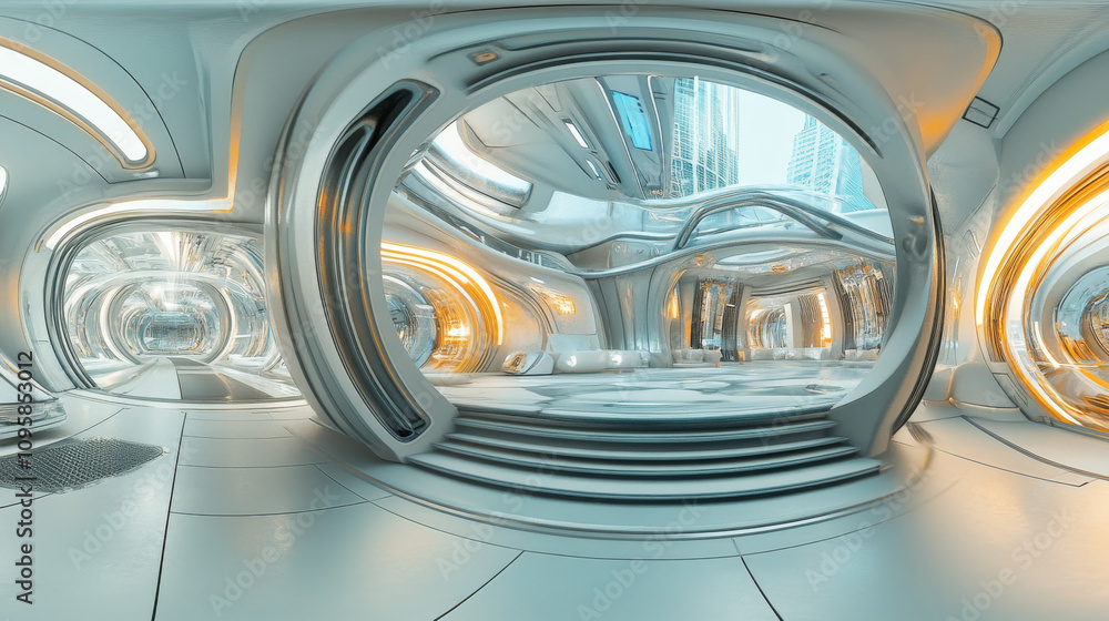 360 degree panorama view.A 3D image shows the inside of a futuristic, empty tech building. It's a 360-degree view, like a virtual reality panorama. 360 degree panorama view.A 3D image shows the inside of a futuristic, empty tech building. It's a 360-degree view, like a virtual reality panorama.