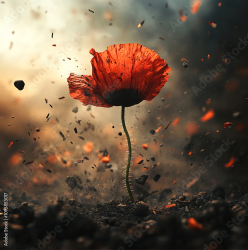 a vibrant red poppy flower, slightly wilted and dirt-stained, mid-air it falls gracefully, abandoned by someone. background dark, burnt, dusty environment, with scattered debris, an ominous atmosphere photo