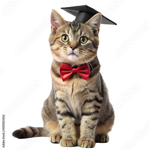 Cute cat wearing graduation cap and bow tie