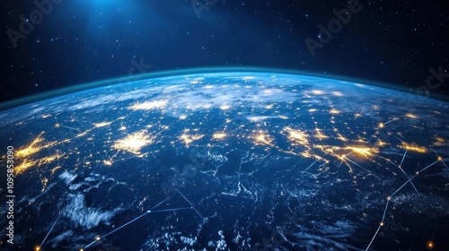 A view of Earth from space, highlighting city lights and the curvature of the planet.