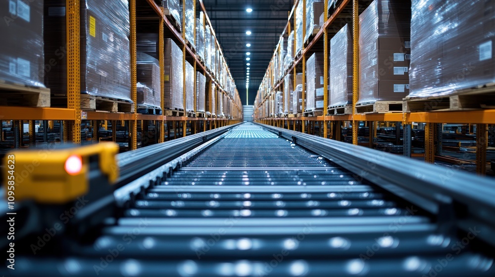 Obraz premium A warehouse interior featuring a conveyor system and stacked pallets for efficient storage.