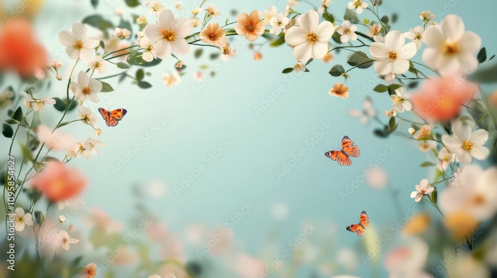 A vibrant floral scene featuring delicate flowers and graceful butterflies against a soft blue background, evoking a sense of serenity and nature's beauty. A vibrant floral scene featuring delicate flowers and graceful butterflies against a soft blue background, evoking a sense of serenity and nature's beauty.