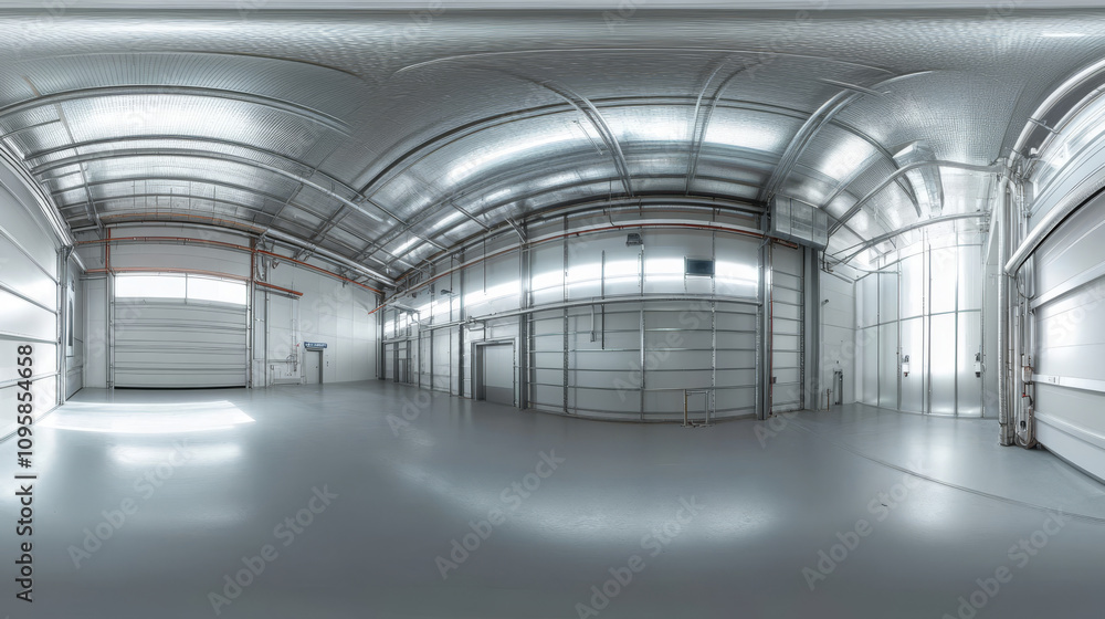 360 degree panorama view.A 3D image shows a bright, empty room. The walls are metal, and the lighting is cool. It's a virtual reality scene, offering a complete 360° view. 360 degree panorama view.A 3D image shows a bright, empty room. The walls are metal, and the lighting is cool. It's a virtual reality scene, offering a complete 360° view.