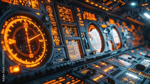 A high tech interior of a spaceship flight control panel, with lots of orange and white flashing lights.