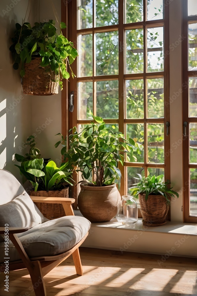 A cozy, modern living space with plants and warm natural light. A cozy, modern living space with plants and warm natural light.