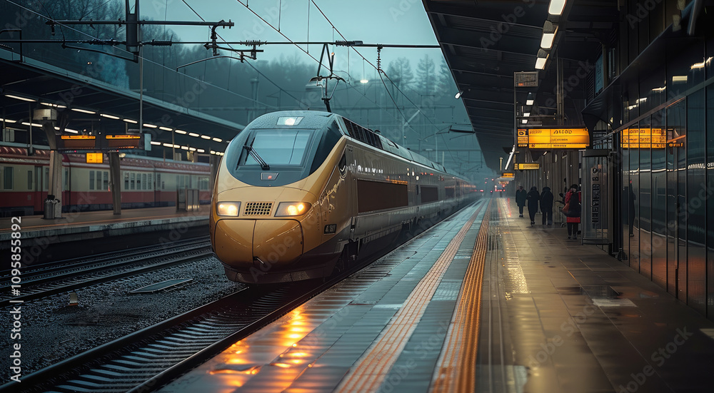 Naklejka premium Fast train in train station, High-speed.