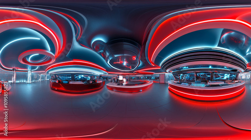 360 degree panorama view.A futuristic hall with red and blue laser beams.  It's a 3D image you can view in virtual reality, like a 360° photo. photo