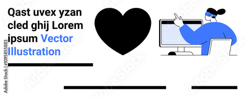 Heart symbol, person using computer, dummy text. Ideal for web design, social media, infographics, presentations, educational materials, advertisements, and apps Landing page