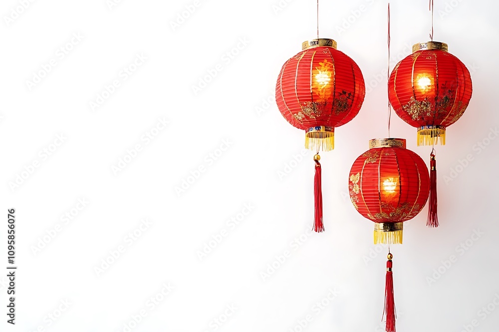 Red lanterns with golden decorations hanging on a white background, celebrating chinese new year Red lanterns with golden decorations hanging on a white background, celebrating chinese new year