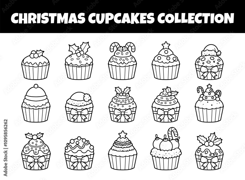 Christmas cupcakes outline vector illustration set Christmas cupcakes outline vector illustration set