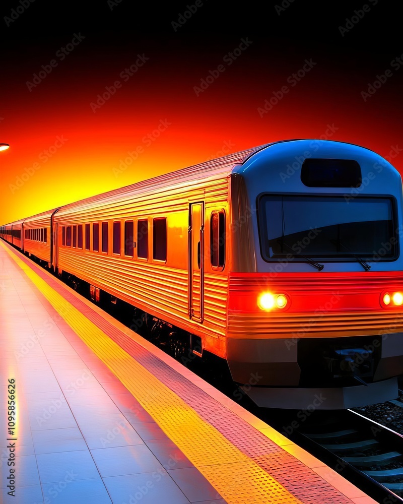 Naklejka premium Sunset Train Station Scenic Railway Journey at Dusk