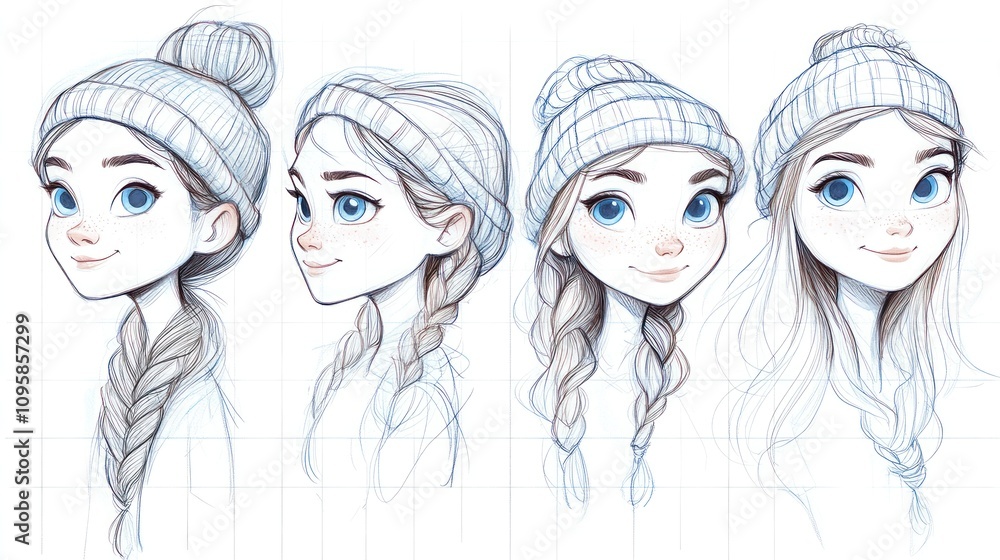 Sketches of a girl with various hairstyles and expressions, showcasing character design. Sketches of a girl with various hairstyles and expressions, showcasing character design.