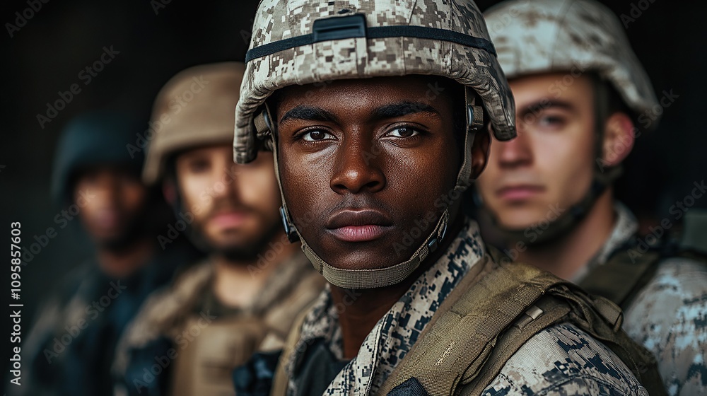 A group of soldiers in camouflage gear stand in a line with the focus on the black soldier in the front. A group of soldiers in camouflage gear stand in a line with the focus on the black soldier in the front.