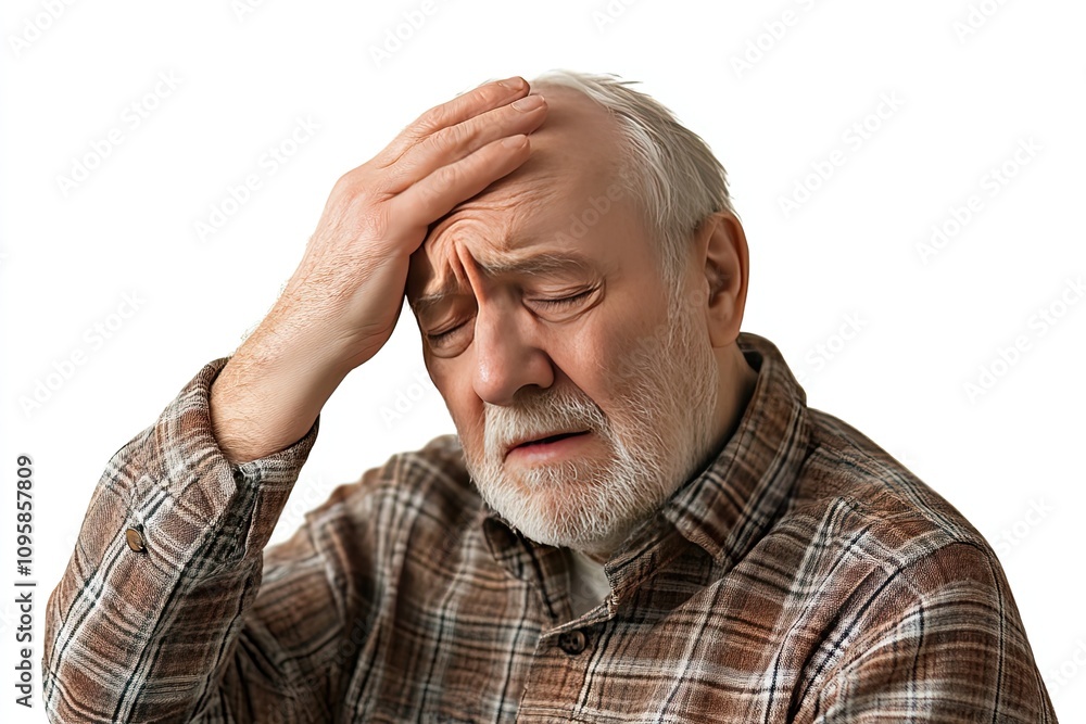 Stressed elderly man rubbing his forehead isolated on white background. Concerned about health tired expression Stressed elderly man rubbing his forehead isolated on white background. Concerned about health tired expression