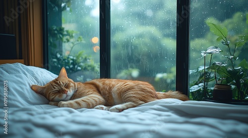 A ginger cat sleeps on a white bed next to a window with rain falling outside.