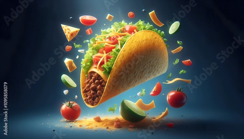 Vibrant Floating Taco with Fresh Ingredients in Midair
