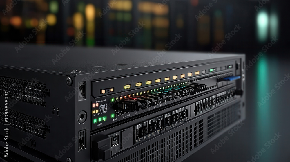 Detailed view of network switch with illuminated ports and connections, showcasing technology and design. image captures essence of modern networking equipment Detailed view of network switch with illuminated ports and connections, showcasing technology and design. image captures essence of modern networking equipment