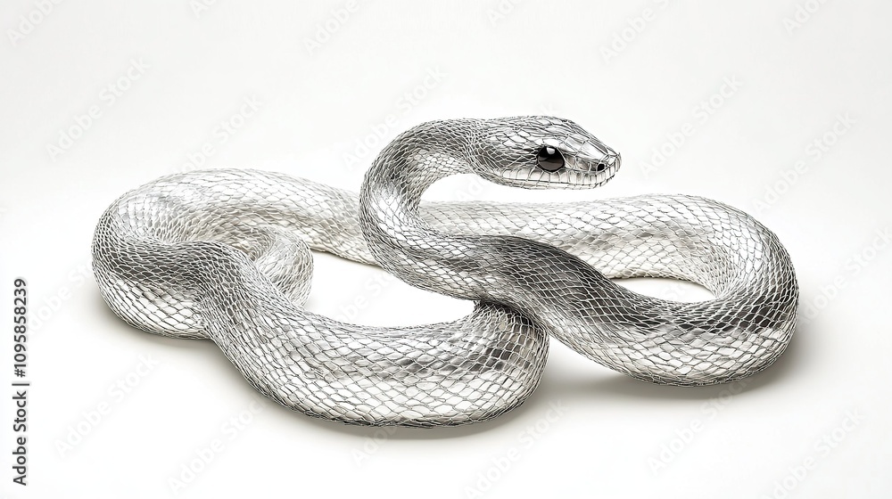 Obraz premium A silver snake sculpture coiled on a white background.