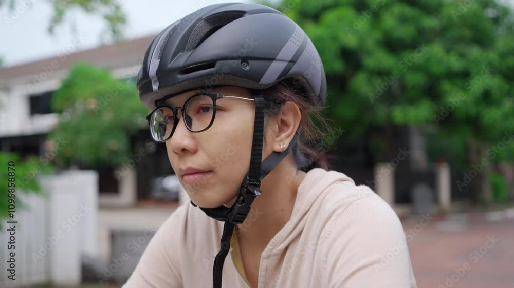 Close-up young Asian woman wearing a bike helmet safety and eyeglasses outdoors while cycling bicycle. Close-up young Asian woman wearing a bike helmet safety and eyeglasses outdoors while cycling bicycle.