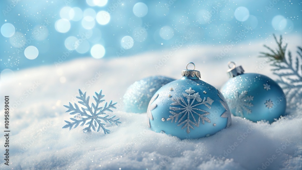 Blue Christmas Ornaments and Snowflakes on Snow with Sparkling Winter Background Blue Christmas Ornaments and Snowflakes on Snow with Sparkling Winter Background