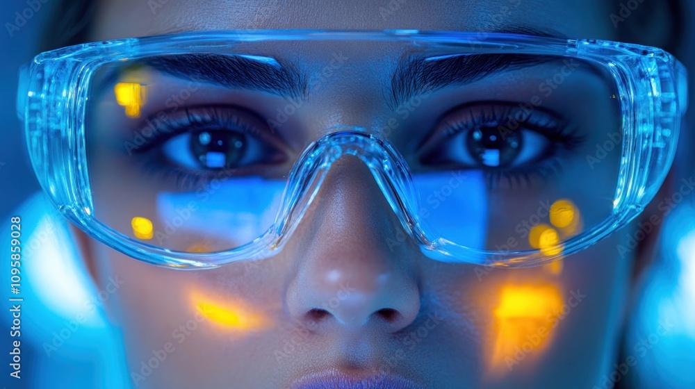 Close-up of a person wearing clear protective glasses with a futuristic background. Close-up of a person wearing clear protective glasses with a futuristic background.