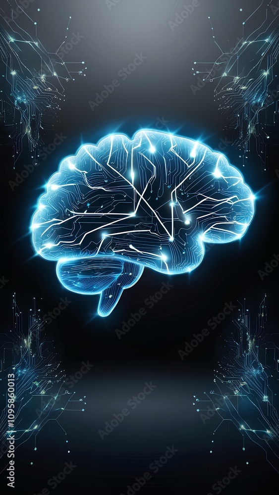 A blue illuminated brain with neurons in a digital world illustrating artificial intelligence. Digital signal passing through neurons. Dark background A blue illuminated brain with neurons in a digital world illustrating artificial intelligence. Digital signal passing through neurons. Dark background
