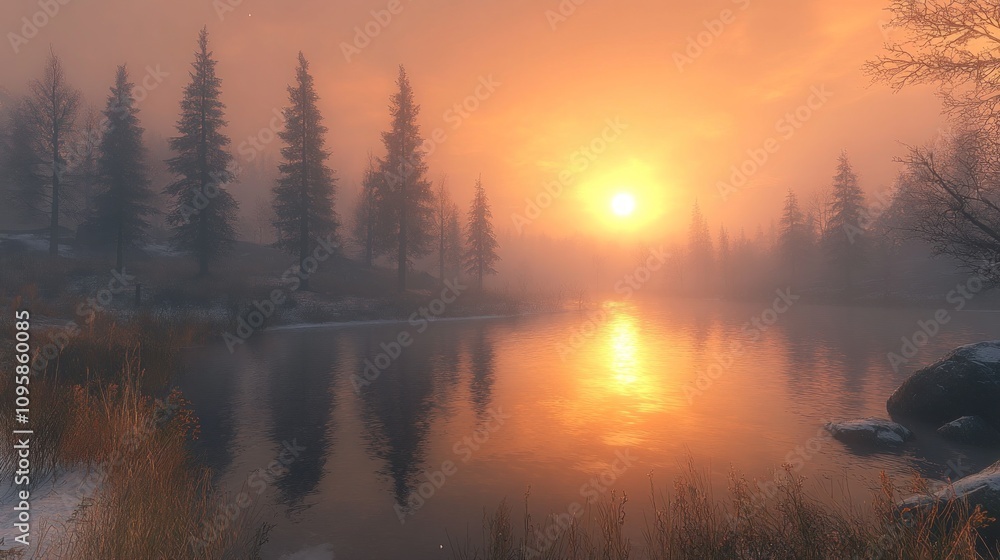 Fototapeta premium Misty Sunrise over Serene Lake and Pine Trees