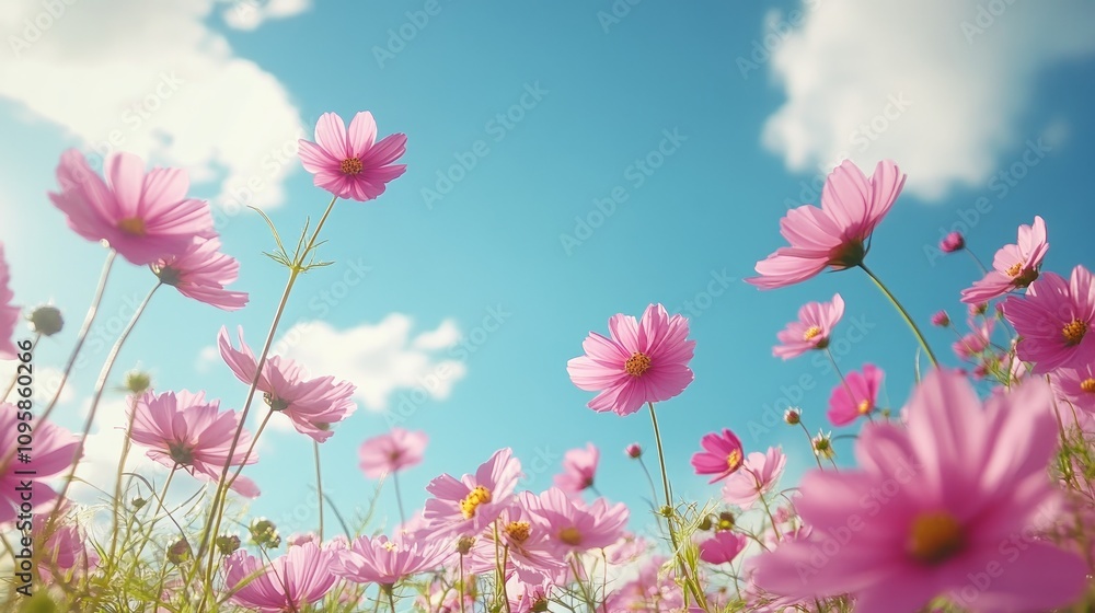 Low angle view of pink cosmos flowers against a bright blue sky. Low angle view of pink cosmos flowers against a bright blue sky.
